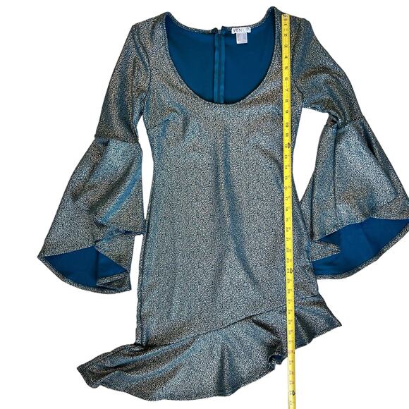 Venus Party Dress Medium Teal & Metallic Gold Asymmetrical Flare Sleeve Holiday - Picture 8 of 16